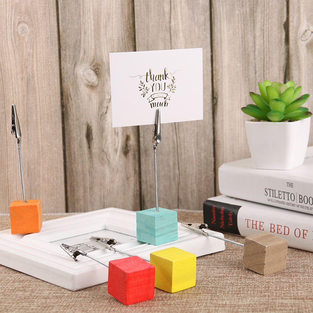 1PC Color log Square Message Clip Wrought Iron Note Holder Desktop Ornaments Postcard Clamp Wooden Clamps Stand Photo Card Clips
