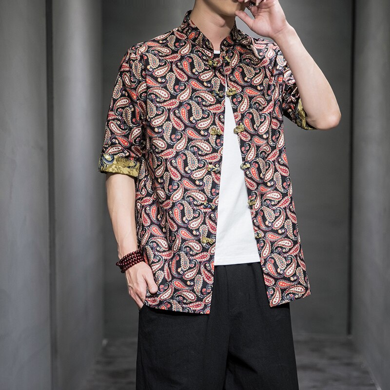 Mens Hemden Kleid der Halben Hülse verlieren passen Sommer Männer Chinesischen Hemd Blume Gedruckt Cheongsam Männer Jahrgang Chinesische Kung Fu hemd