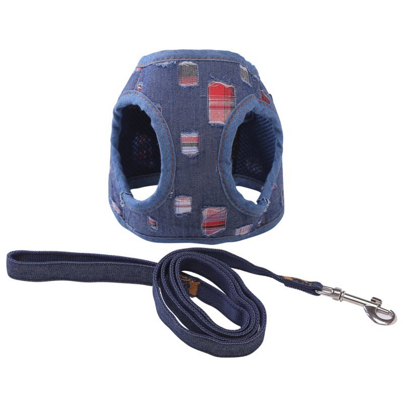 Soft Small Dog Harness Vest Leash Set Adjustable Denim Chest Strap Dog Puppy Walking Lead Cat Safe Leash British Style: D / M