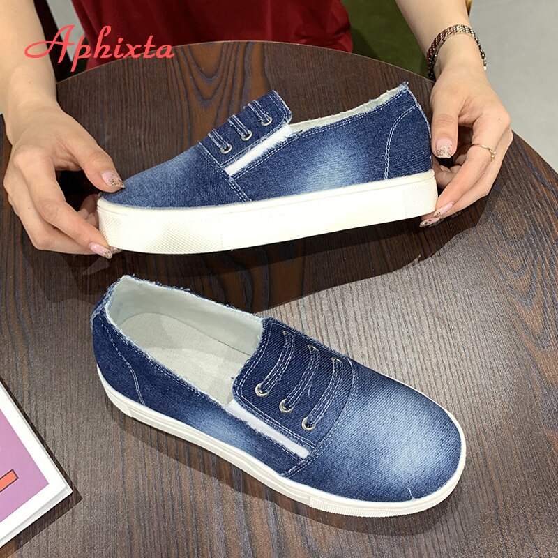 Aphixta plus stor storlek 43 denim tyg plattor skor kvinnor sneakers platt klack skor kvinna jean tyg platåklackar sko