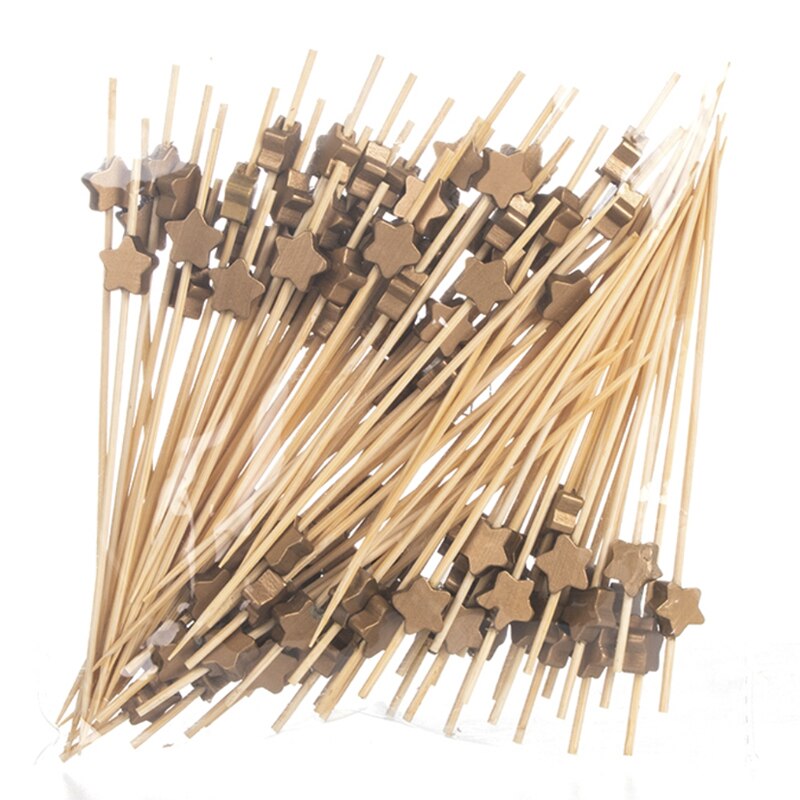 100pz stuzzicadenti decorativi a forma di stella Bastoncini di bambù per cocktail Bastoncini di frutta usa e getta 12cm Decorazione colorata per buffet di cibo Decorazione da tavola per feste: Wooden stella