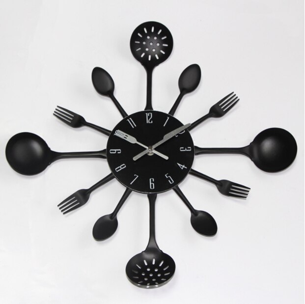 Cutlery Metal Kitchen Wall Clock Spoon Fork Quartz Wall Mounted Clocks Modern Decorative Horloge Murale: Black2
