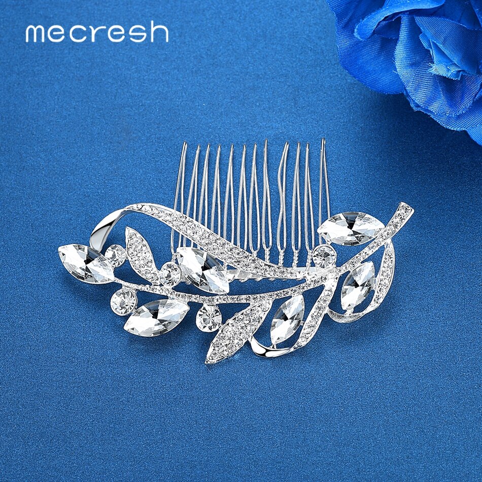 Mecresh Blatt Zweig Farbe Tropfen Ohrringe Haar Kamm Sets für Frauen Schöne Kristall Hochzeit Braut Schmuck Set EH1626 + FS104