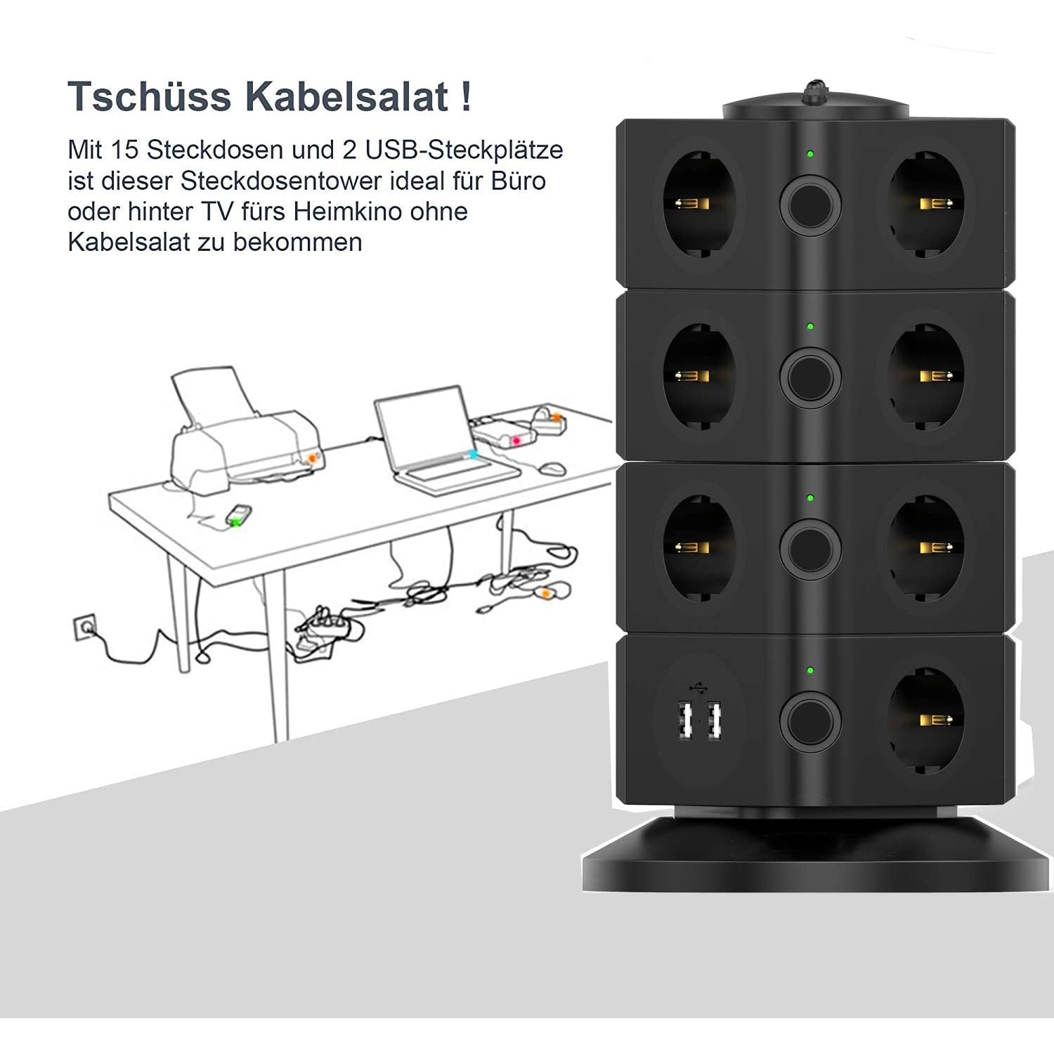 Power Strip Multiple Socket Distribution Connector 15 Way Outlets 2 USB Tower Surge Protection Individually Switchable 2500W 10A