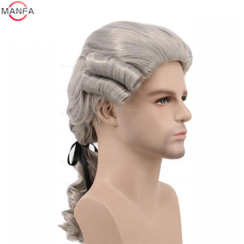 Lawyer Judge Baroque Cosplay Wig Curly Grey White Black Deluxe Historical Long Heat Resistant Synthetic Hair Wigs + Wig Cap
