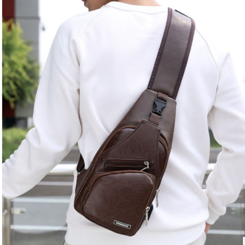 Brand Men PU Leather Sling Pack Chest Bag Crossbody One Shoulder Backpack Biker Satchel Brown Black Bag: Dark Brown