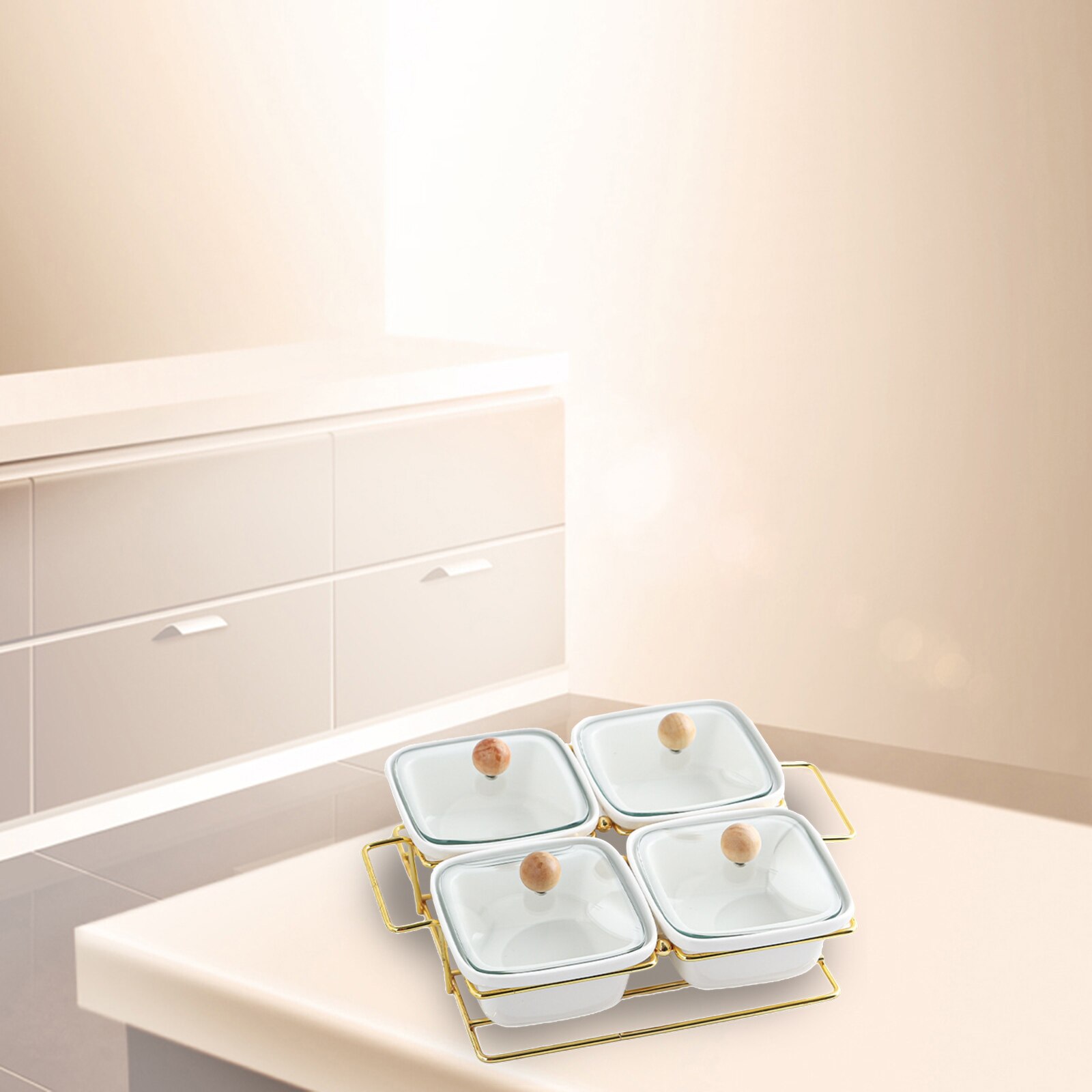 Ceramic Snacks Platter Glass Lid Moisture-proof Serving Bowl Divided Metal Rack for Nuts Candy Desserts: 4 grid white