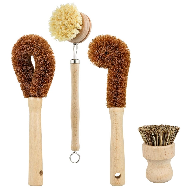 Juego de cepillo de limpieza a base de plantas de 4 piezas, madera de haya y cerdas de coco, sartén de madera y cepillo para limpiar ollas, cepillo de botella, plato B
