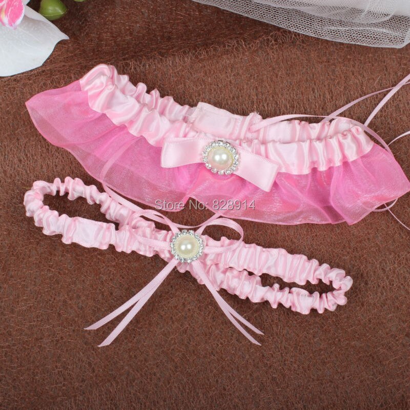 Pink Ribbon Wedding Garter including Keepsake Garter and toss Garter Handmade With Pearl and rhinestones