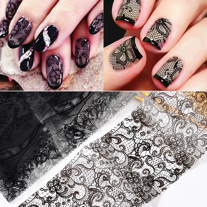 Black Lace Nail Art Transfer Folie Sexy Volledige Wraps Bloem Lijm Lijm Diy Manicure Slider Styling Makeup Tools 20x4cm