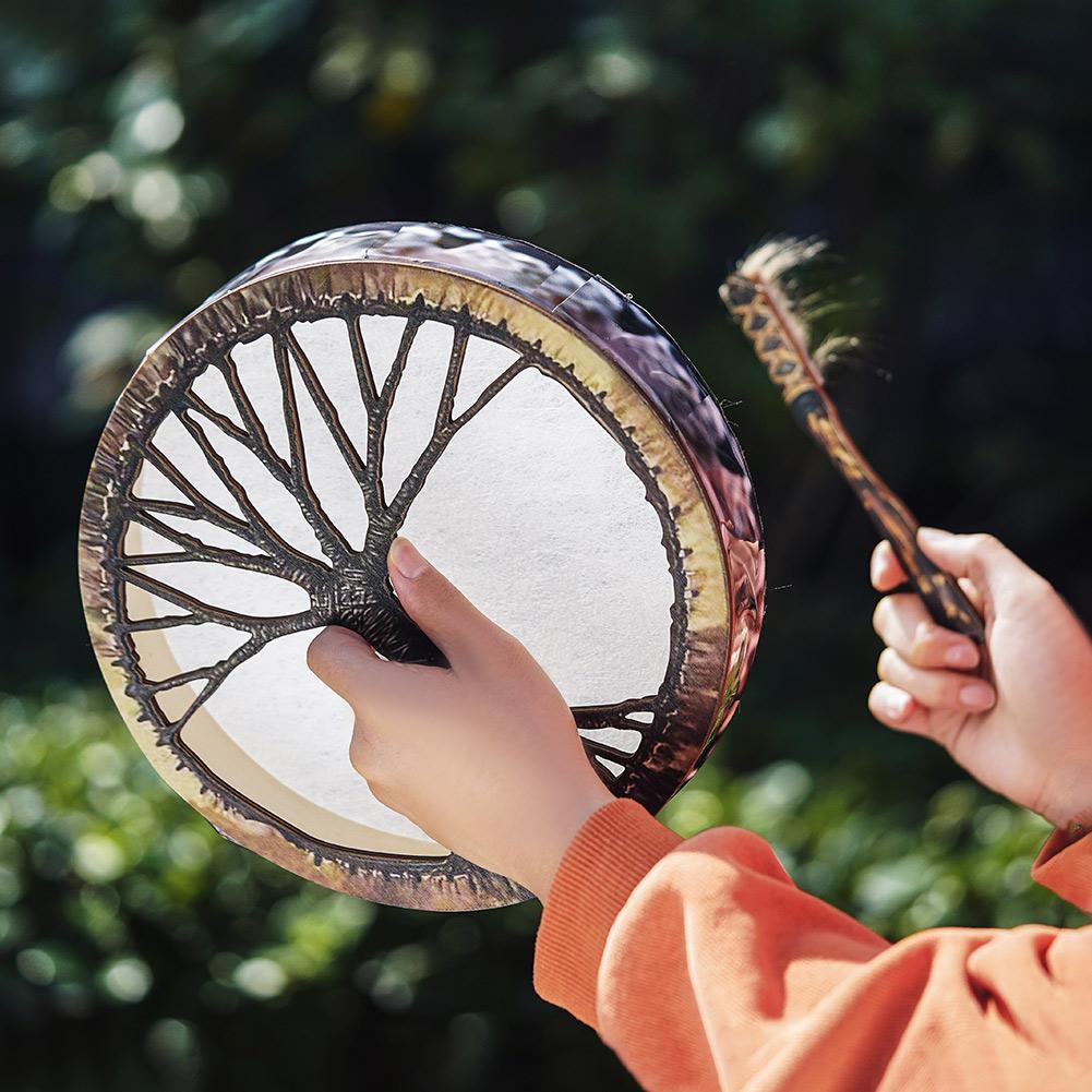 Tambor xamã, árvore da vida design de decoração, tambor xamânico artesanal, símbolo da música espírito tambor siberiano, couro + madeira