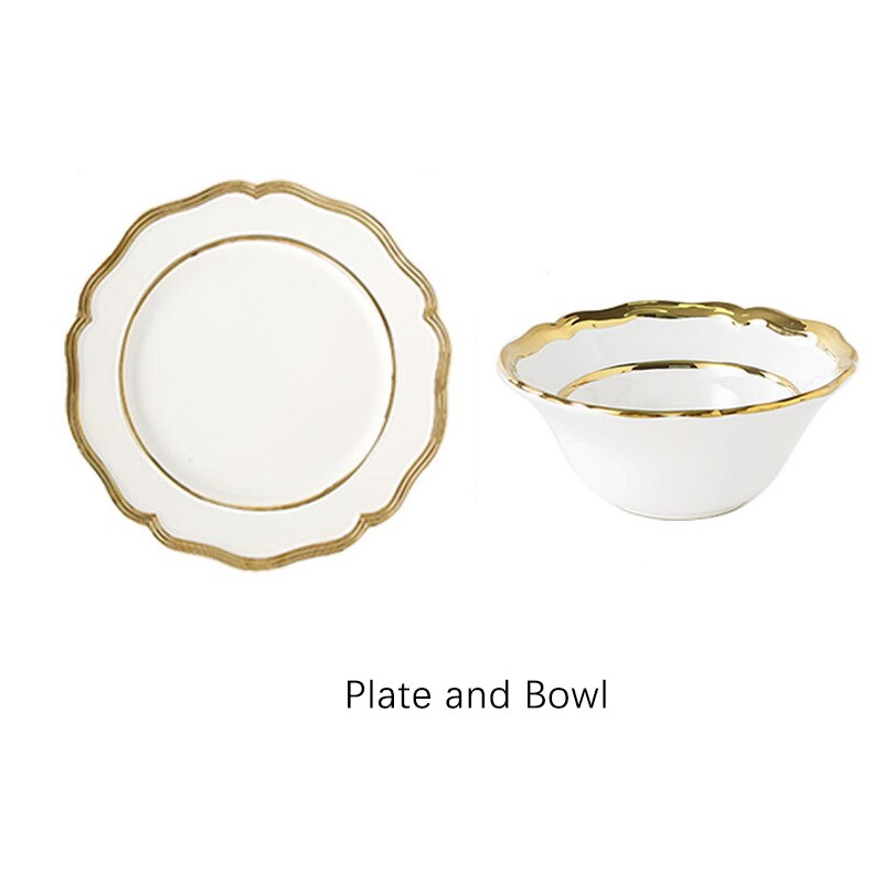 Ceramic Dinner Plate Luxury Gold Inlay Charger Plate Flower Shape Plate Dishes and Bowl Dinnerware Set for Wedding Party Banquet