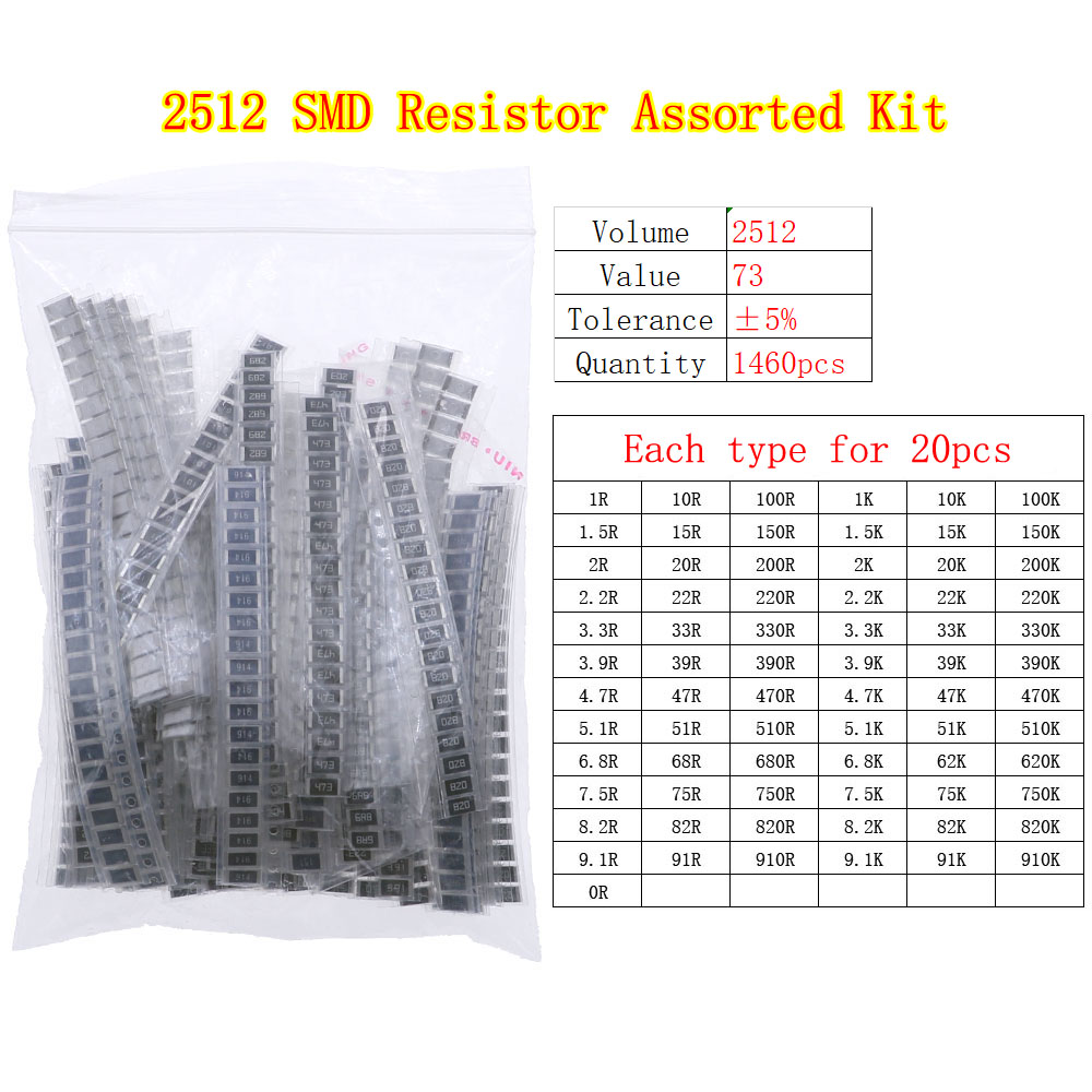0402 0603 0805 1206 2512 SMD Chip Fixed Resistor 0ohm-10Mohm Assortment Kit pack: Yellow