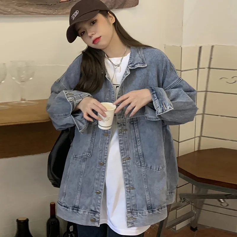 Cowboyjakke til kvinder retro denimjakke løs alsidig forårs- og efterårsjakke med lange ærmer blå chic top 5xl bf stil