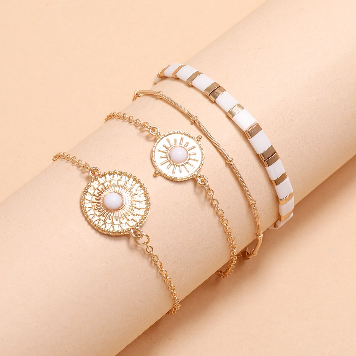 jewelry with gold resin rhinestone sun flower clip bead chain white square elastic bracelet 4 piece set