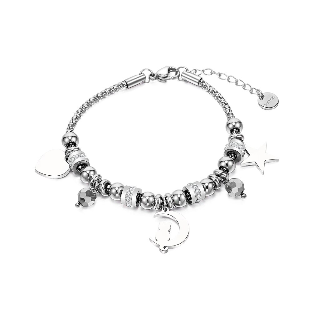 In Acciaio Inox Cat Luna Cuore Star Clover Pendenti E Ciondoli Braccialetto per Le Donne Perline di Cristallo Del Braccialetto di San Valentino Regali Gioelleria Raffinata E Alla Moda: BS41