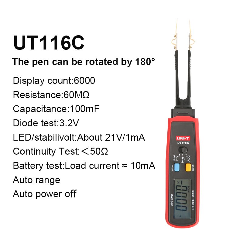 Smd testeri yleismittari smd resistanssi kapasitanssi jatkuvuus diodi mittaus rcd pyörivä pidike puolijohde 21v ut116c: Ut116c