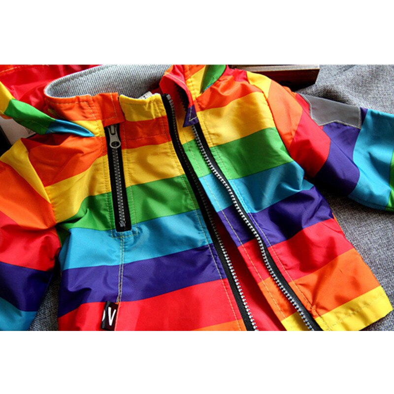 Baby Boys Girls Rainbow Coat Hooded Sun Water Proof Children's Jacket Rainbow Stripe Jacket Long Sleeves For Kids Clothes