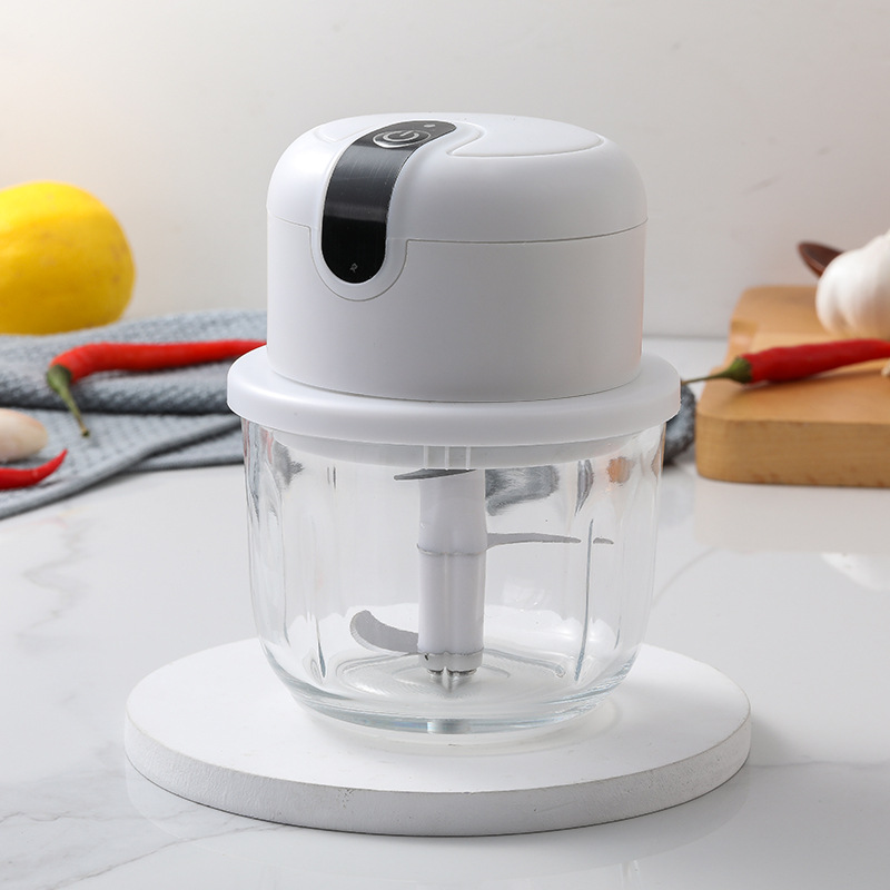 Small Wireless Electric Minced Garlic Machine Mini Minced Garlic Machine Household Baby Food Auxiliary Machine Meat Grinder: White - glass 250ml