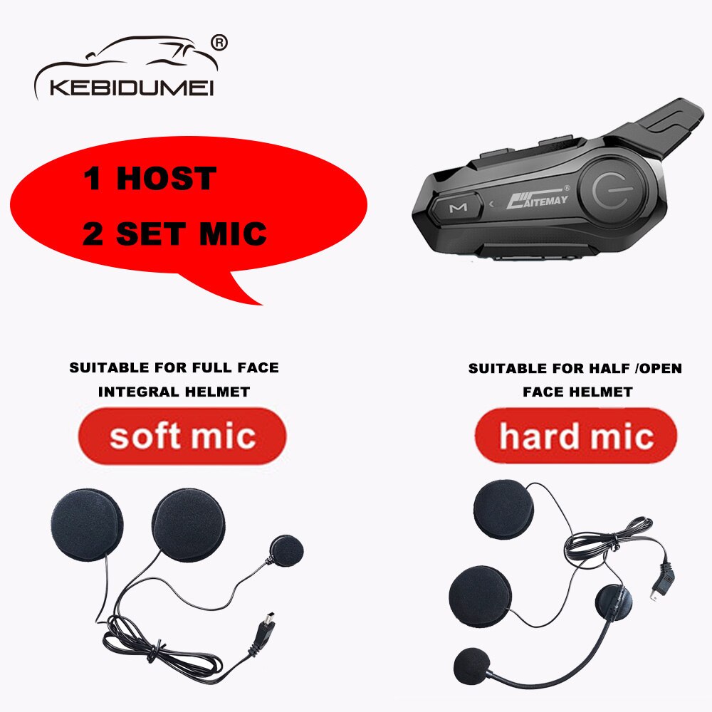 Kebidu Motorrad Bluetooth Helm Kopfhörer Gegensprechanlage für 2 Fahrer Bt kabellos 100M Intercomunicador Motorrad Sprech Musik: 2 x Mic 1 einstellen