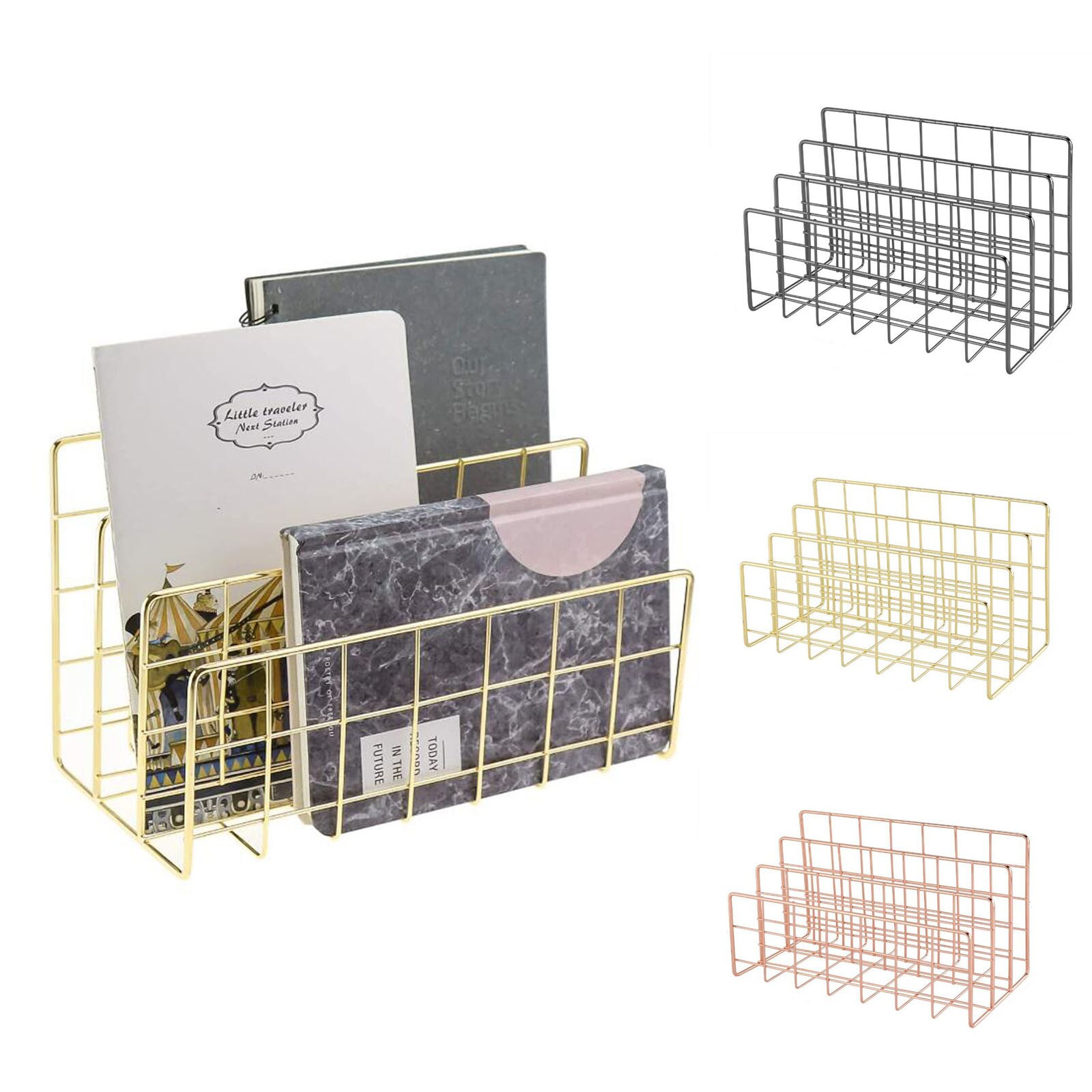 File Storage Rack Three Wrought Iron Bookshelf Metal Book Stand Desktop Decoration Home Decor Metal Book Stand Gold