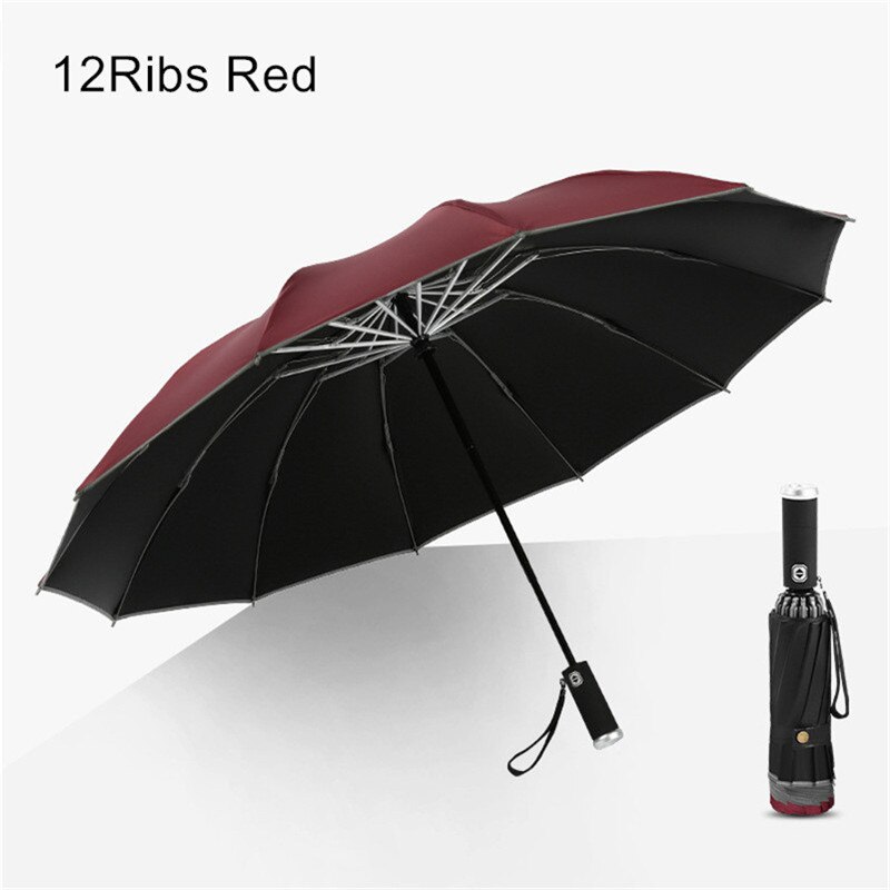 Automatic Reverse Umbrella Women 3 Fold Reflective Strip Umbrella Rain Men Parasol LED Light Windproof Parapluie Rain Gear EB5YS: 12ribs Red
