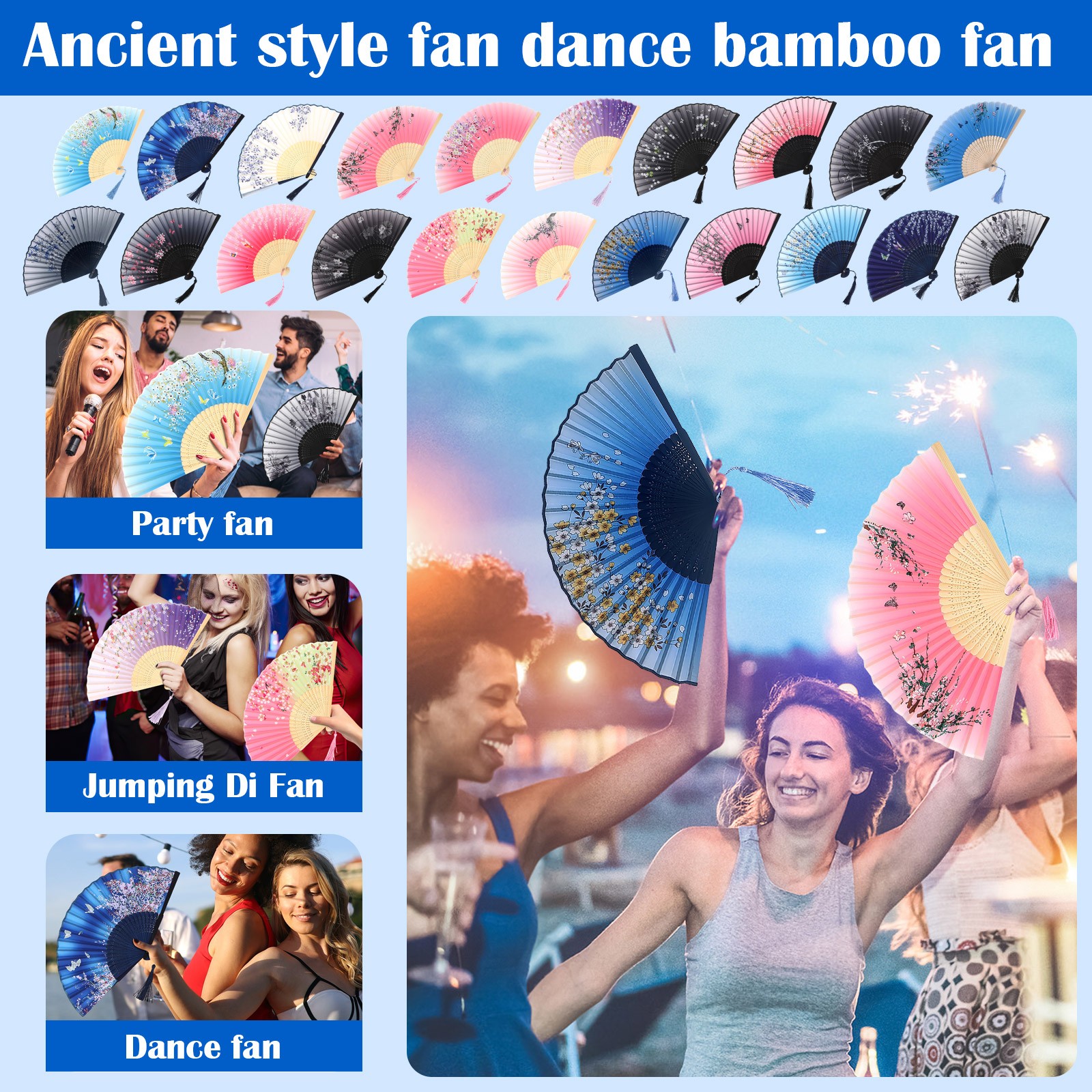 Abanico antiguo Abanico chino Abanico plegable antiguo Abanico de baile Abanicos de mano antiguos Artesanías decoradas Hanfu para fiestas de Halloween Artesanía