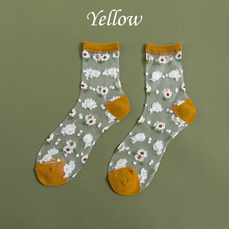 7 Colors Daisy Cartoon Sock Women Summer Sweet Polyester Breathable Cute Cartoon Street Snap Socking One Size: Yellow