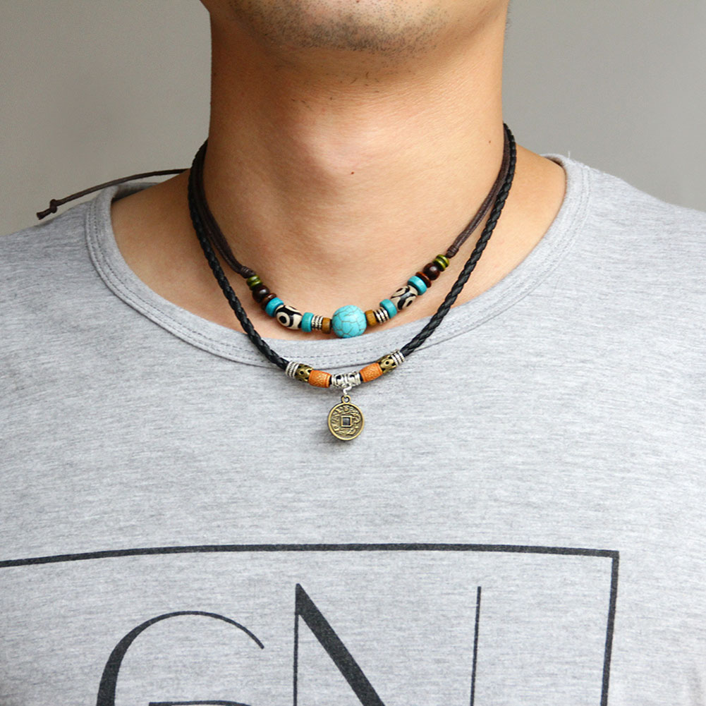 Mannen Multilayer Faux Bead Coin Hanger Choker Ketting Sieraden