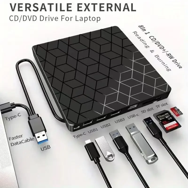 External CD DVD Drive USB 3.0 Type-C Slim Protectable CD Player Drive Burner Reader Optical Drive External For PC Laptop Desktop