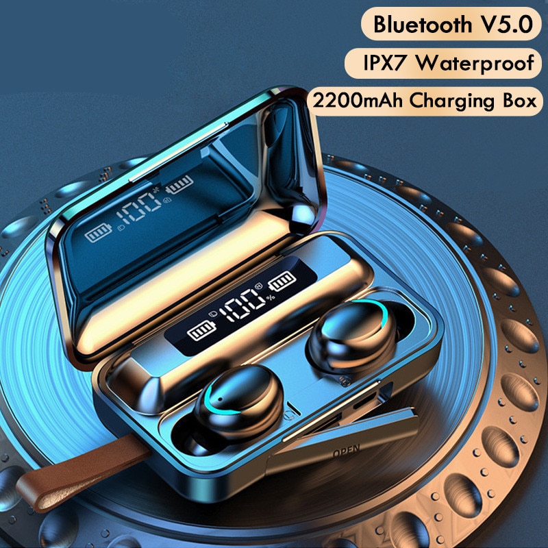 Bluetooth  v5.0 øretelefoner trådløse hovedtelefoner med mikrofon sport vandtætte headset 2200 mah opladningsboks til android