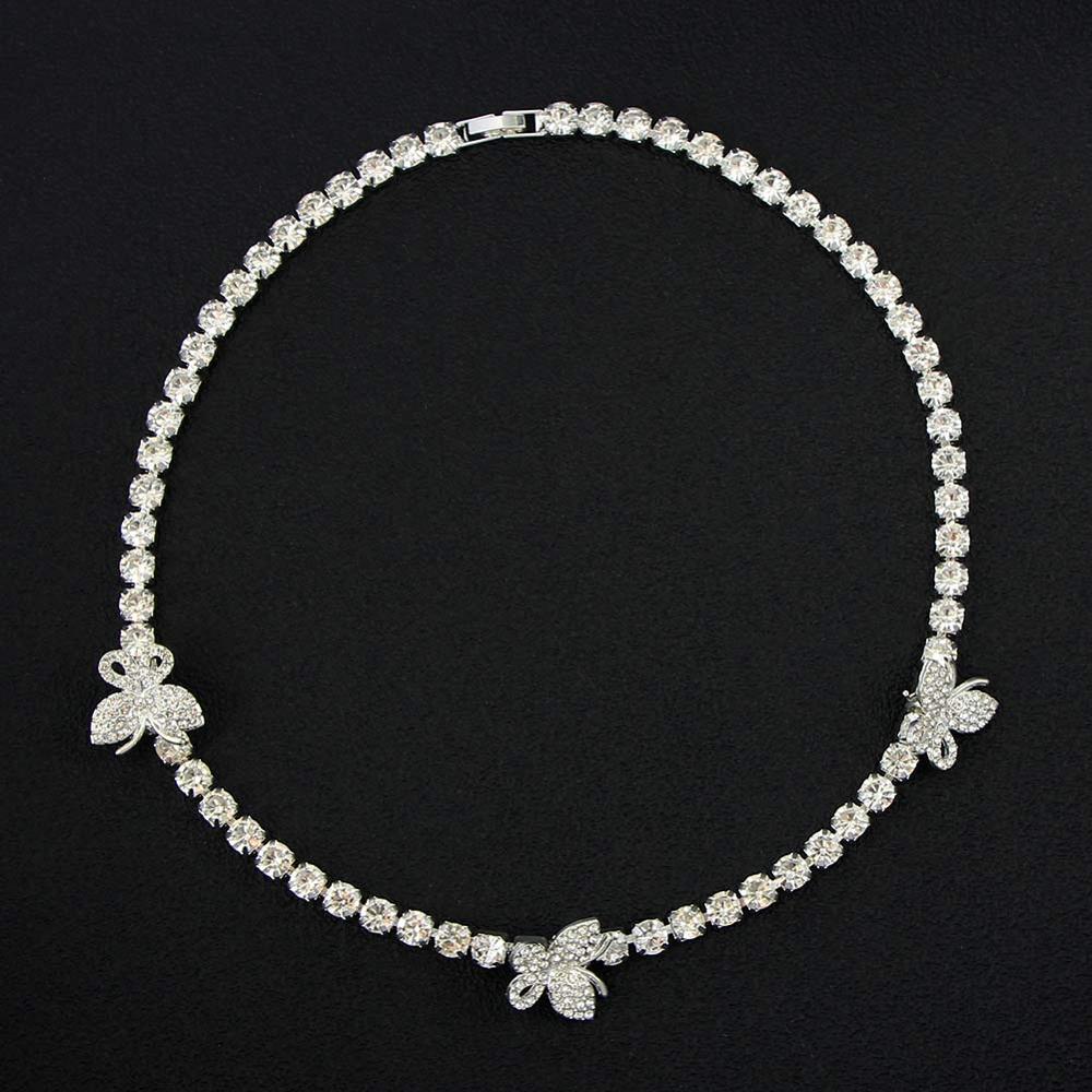 Luxury 1 Row Big Rhinestone Tennis Cuban Choker Necklace For Women Crystal Butterfly Charms Clavicle Chain Wedding Jewelry