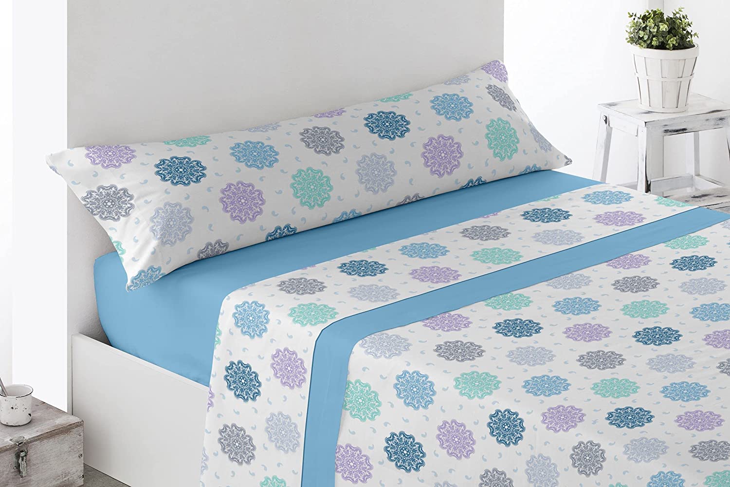 Juego de sábanas cama 150 - 135 - 105 - 90 - Hogar - Estampadas- 3 Piezas - Ropa de cama y fundas de almohada MOD. MILANO: Azul / Cama de 150 cm