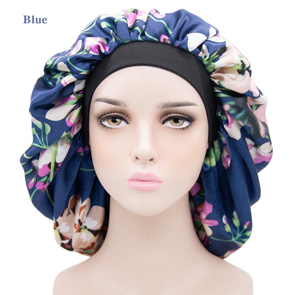 Doppel Schichten Frauen Satin Bonnet Stretch Breite-Krempe Seidige Schlummertrunk Größere Größe Dusche Kappe TB-189/190: Navy Blue Flower