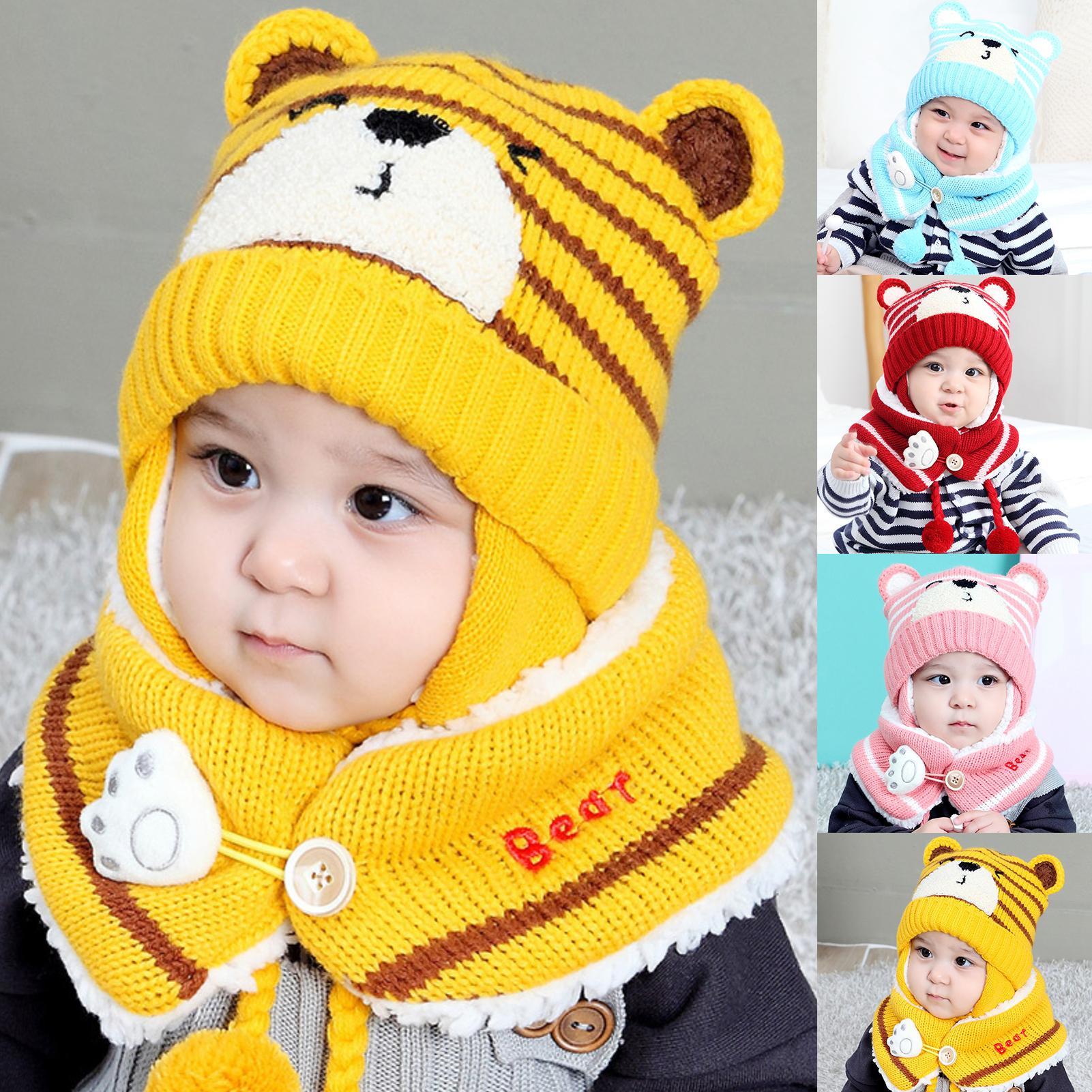 6M-34M Unisex invierno niños bebé niñas dibujo animado de oso para niños sombrero de punto a rayas gorro lana bufanda orejera mantener el conjunto para al aire libre
