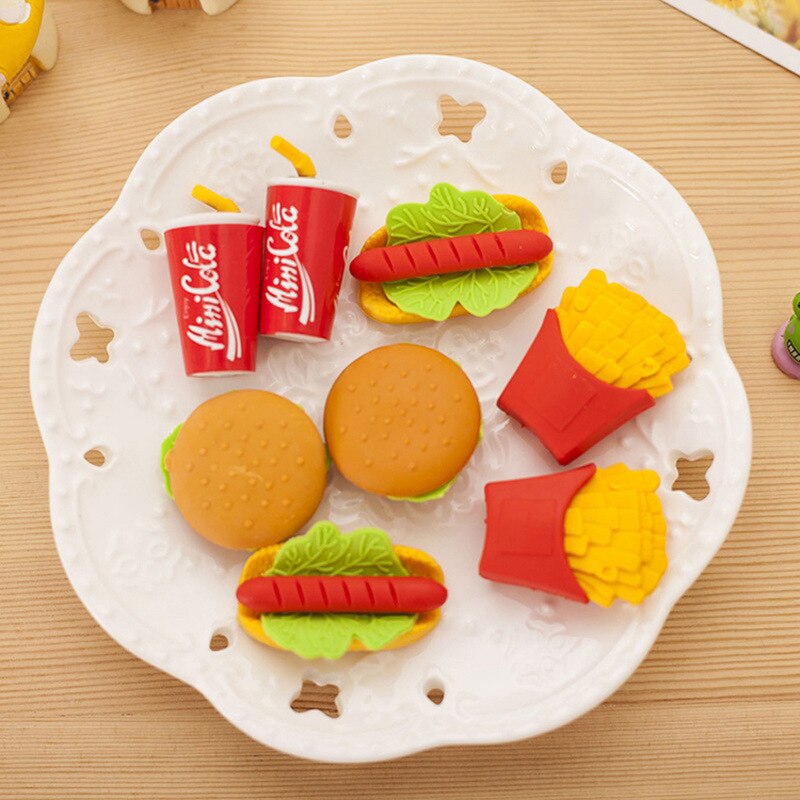 5pcs Cute Kawaii Eraser Hamburger Food French Fries Dog Eraser Office Correction Supplies
