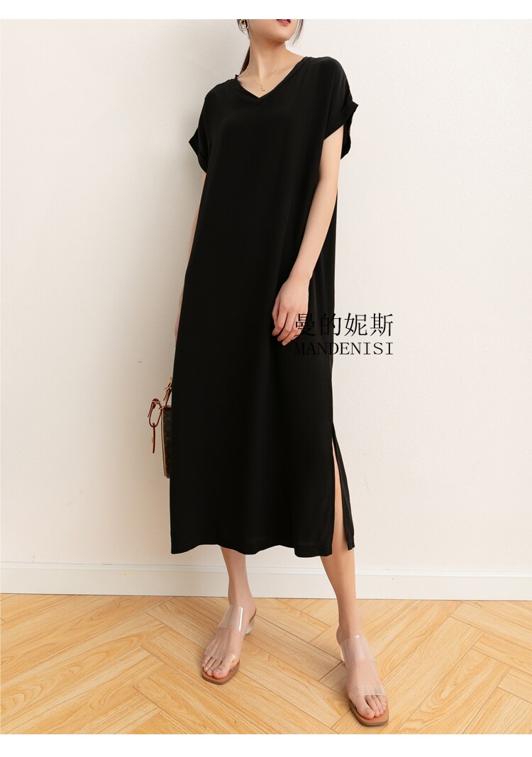 Vestido Midi de seda crepé grueso para mujer, Vestido largo de manga corta con escote en V y abertura lateral, talla L XL, MM112, 100%: Negro / XL