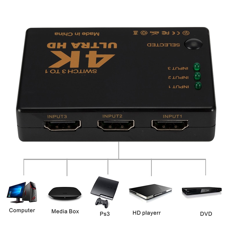 3 Port HDMI Splitter Switcher In 1 Out Hub Box +Remote Remote Control Auto Switch 1080P HD HDMI switch