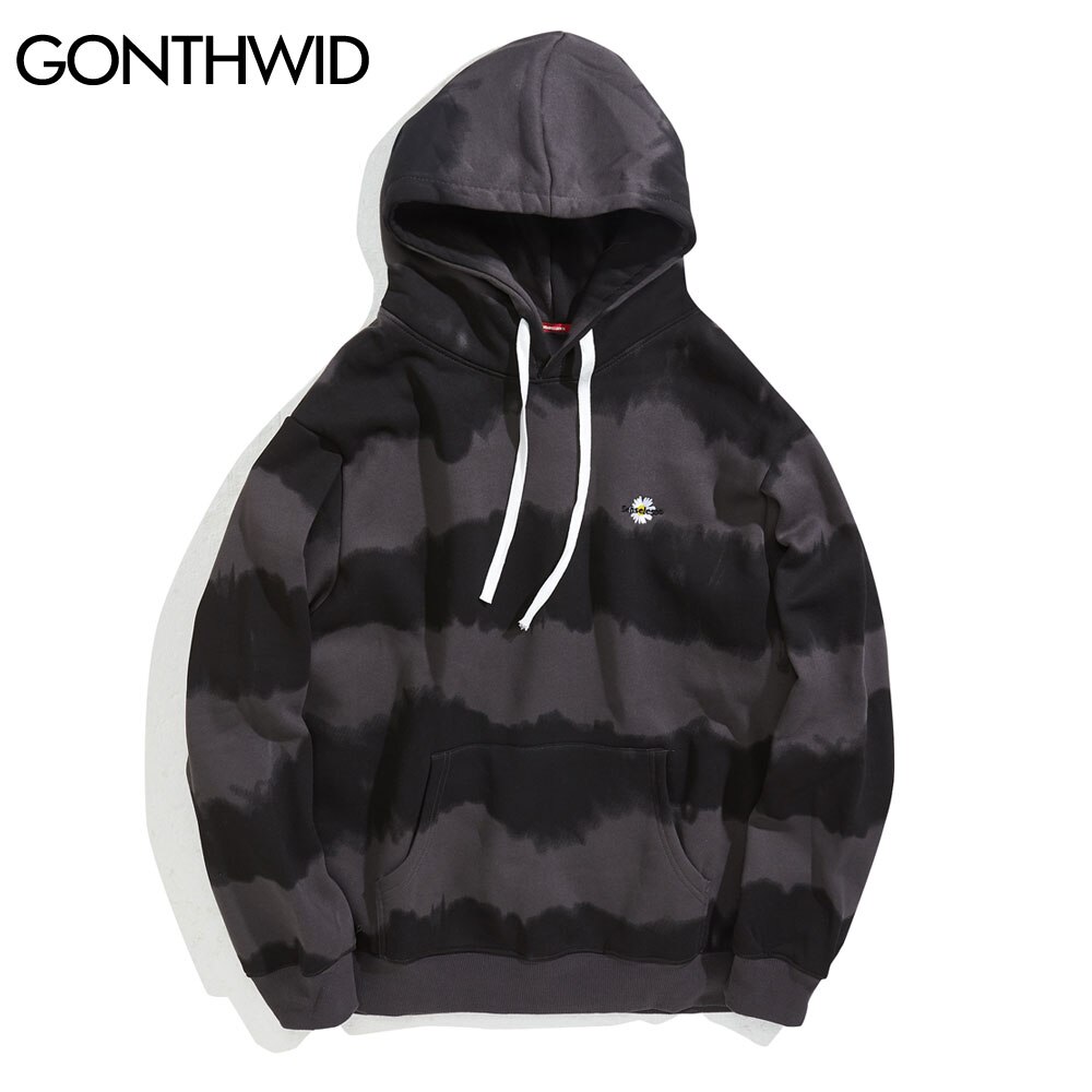 GONTHWID Harajuku Embroidery Daisy Tie Dye Striped Fleece Hoodies Sweatshirts Streetwear Mens Hip Hop Casual Pullover Tops