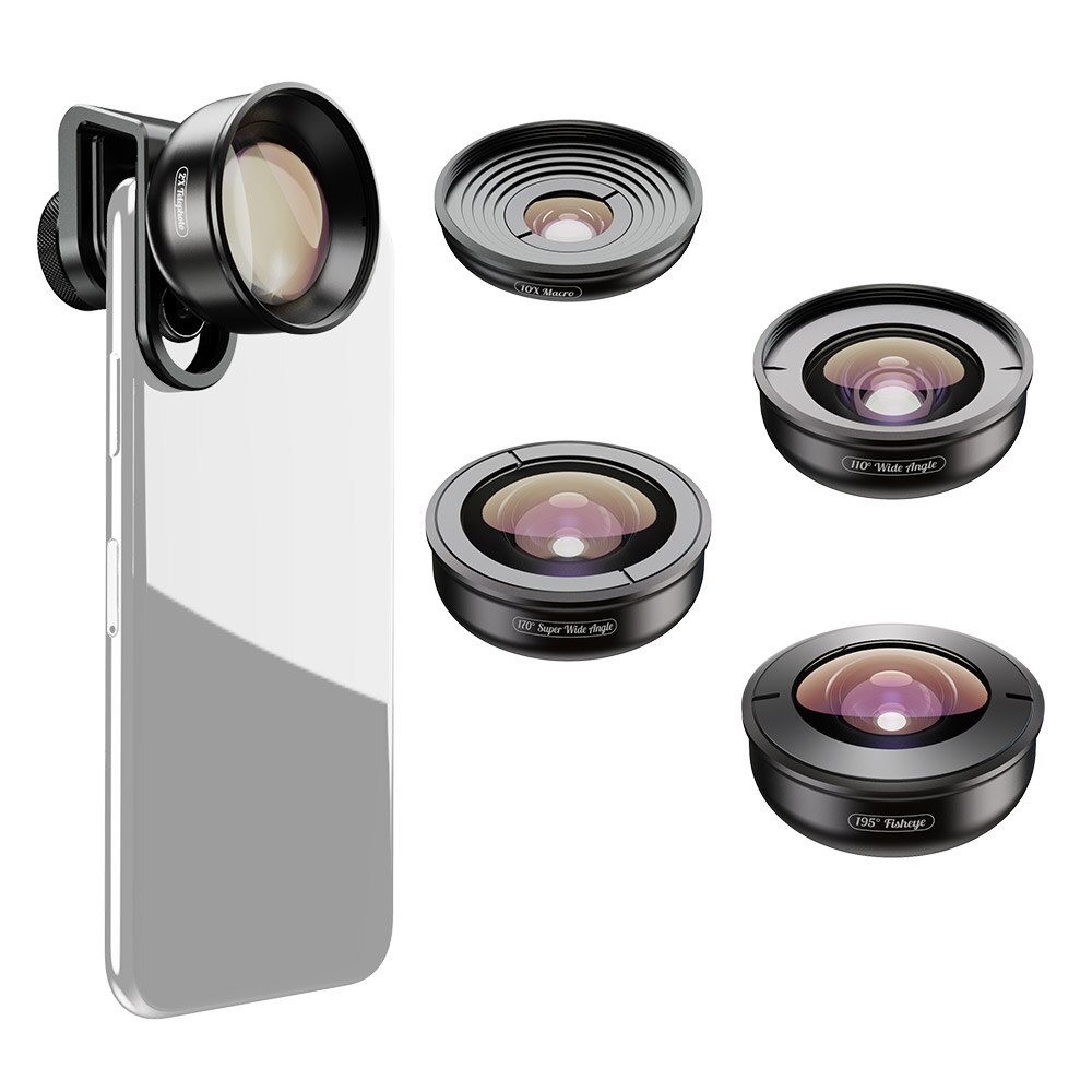 5in1 Hd Mobiele Telefoon Lens Set Fisheye 110 ° Groothoek 170 ° Super Groothoek 10x Macro-2x telelens 195 ° Lens Voor Iphone