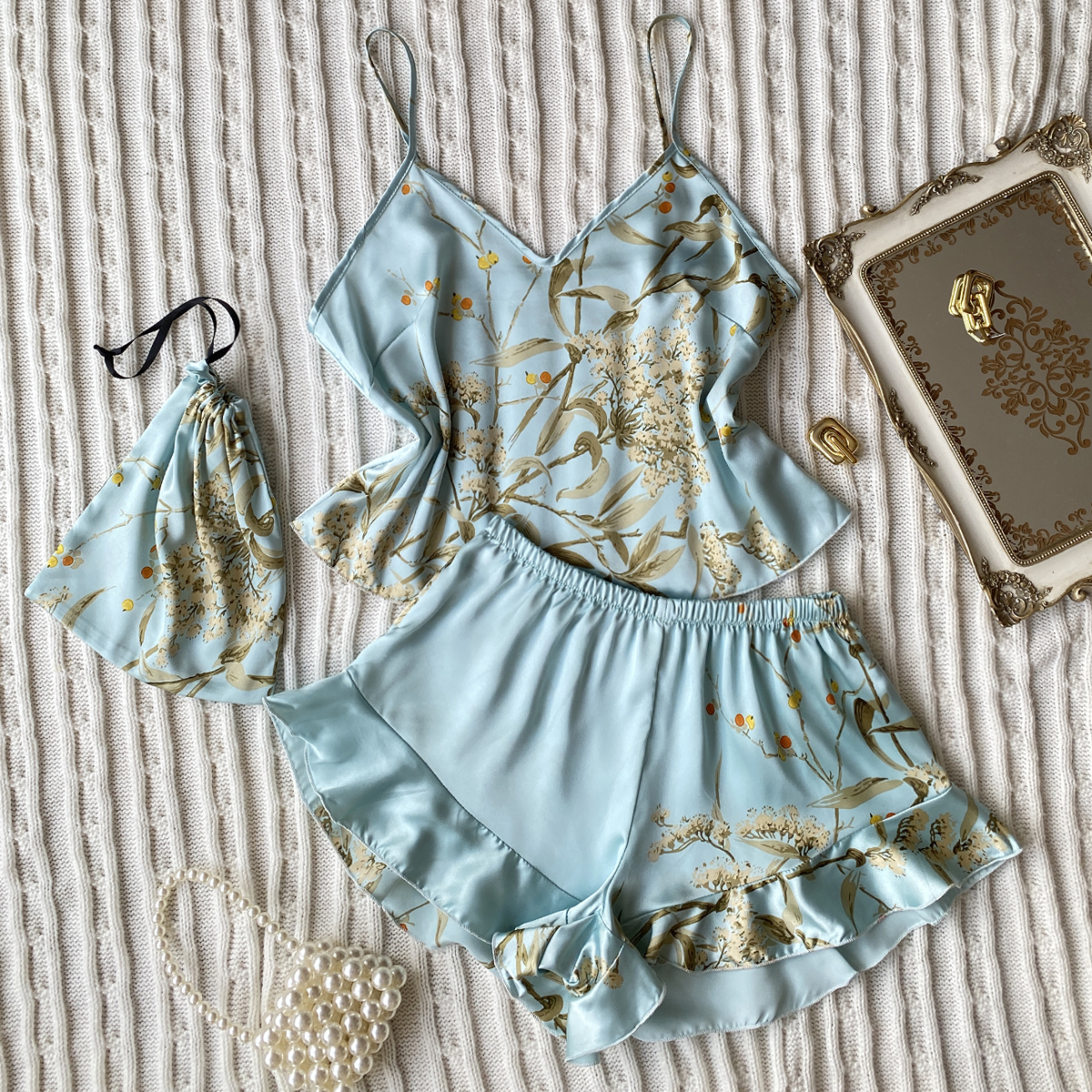 Conjunto de pijama feminino elegante com estampa floral e bainha com babados e shorts: S / Turquesa