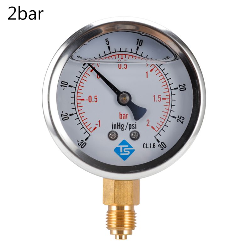 Compound Pressure Vacuum Gauge Glycerine Filled -1/10Bar & -30*Hg 1/4 BSP Bottom: -1-2bar