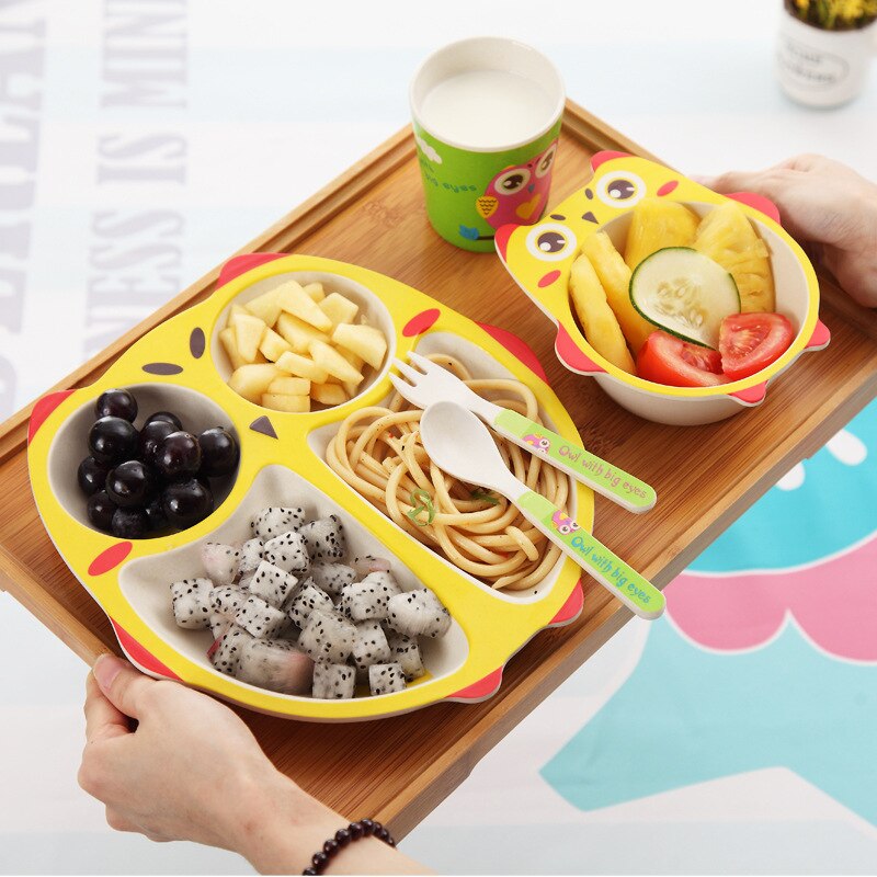Owl Baby Dinnerware Set Bamboo Fiber Children's Plate Cartoon Baby Feeding Dishesd With Fork Spoon Cup Kids Tableware