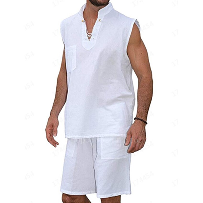 2 stk retro mand viking pirat tøj middelalderscene massiv linned skjorte v-hals ærmeløs bandage t-shirt afslappet renæssance nordisk: Hvid / L