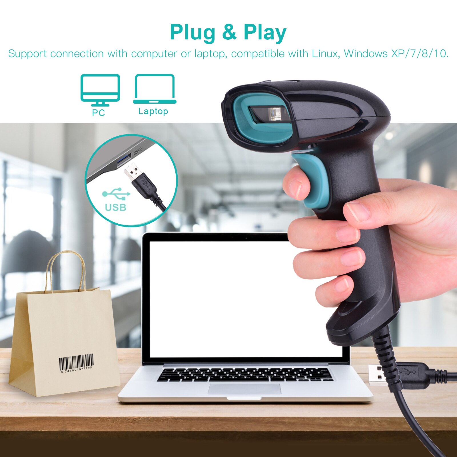 Handheld 1D Barcode Scanner USB Wired Bar Code Reader Manual/Auto Continuous Scan Compatible with Linux Windows