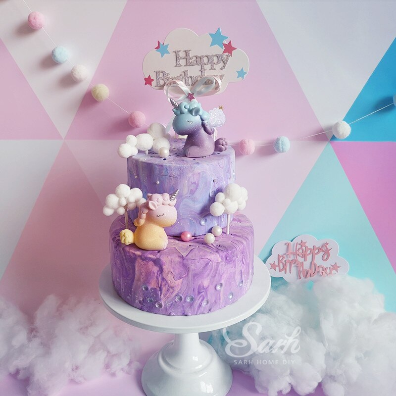 Dejlig blå lyserød hvid hårbold sky gradient enhjørning kage dekorationer fødselsdagsfest dekorationer til bagning sød