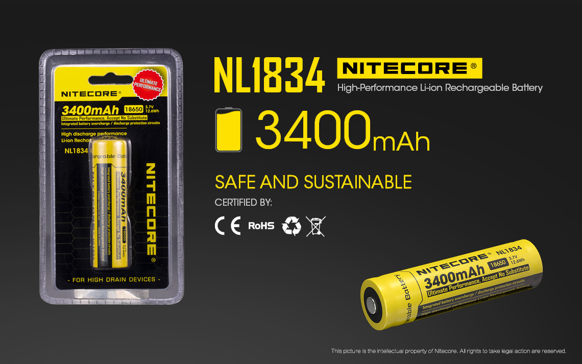 Nitecore  nl1834 3400 mah 3.7v 18650 genopladeligt li-ion batteri med beskyttelse