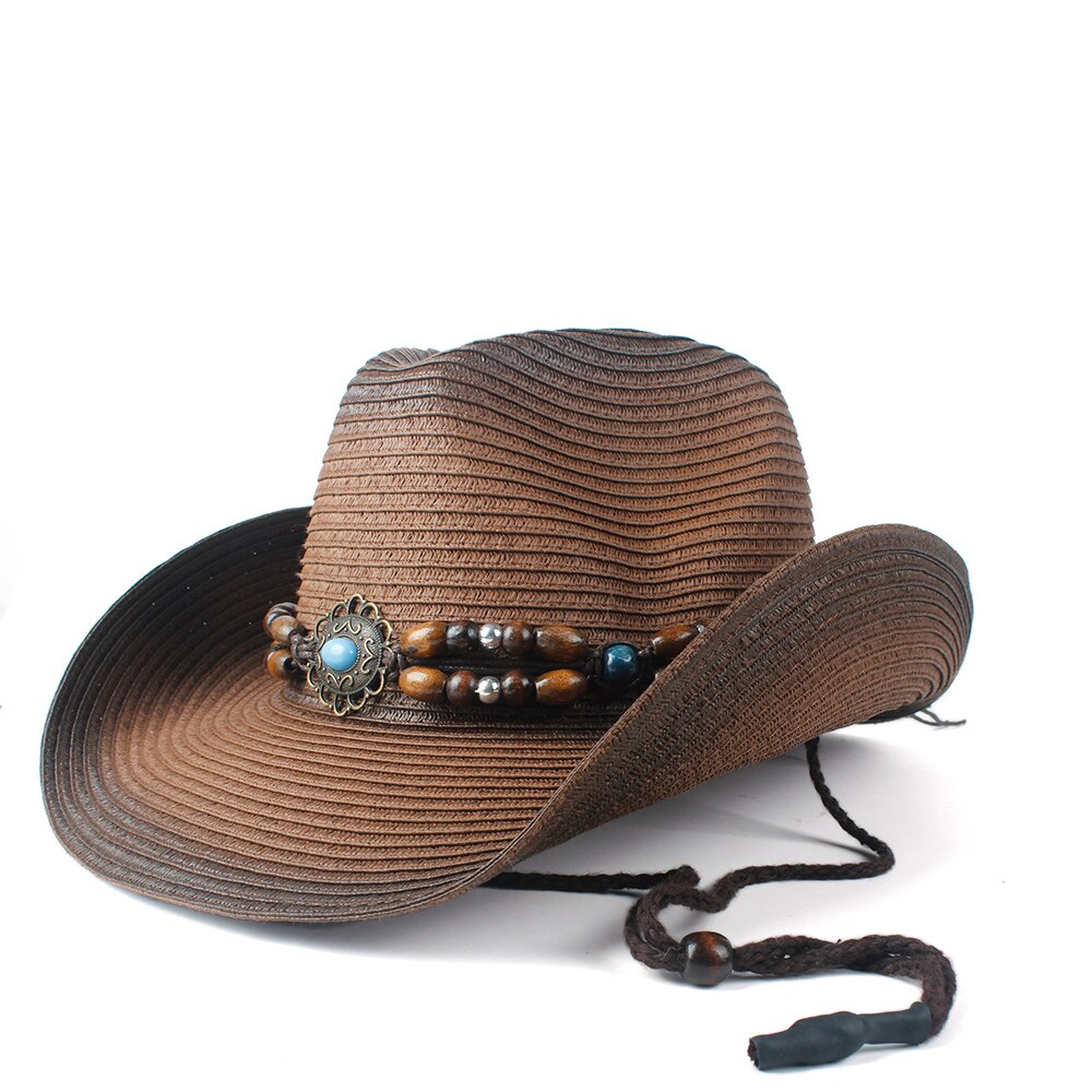 Zomer dames heren stro holle western cowboyhoed voor heren cowgirl jazz kerkpet vader sombrero strand zonnehoed: Donkere koffie