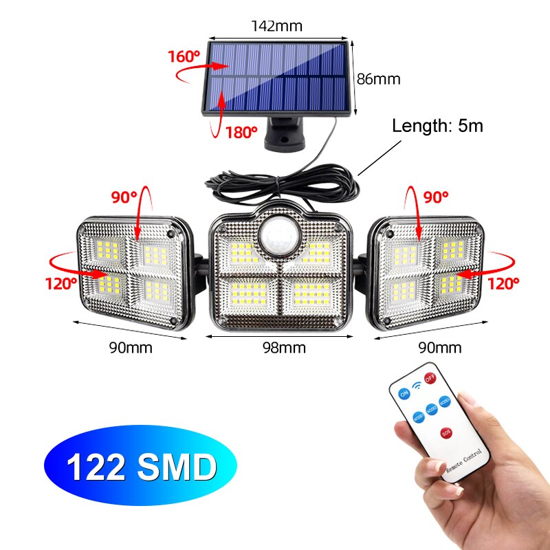 Super Bright Solar LED Light Outdoor Motion Sensor with Remote Control 270° Wide Angle Illumination Wall Lamp for Garden Garage: Split style 122 LED