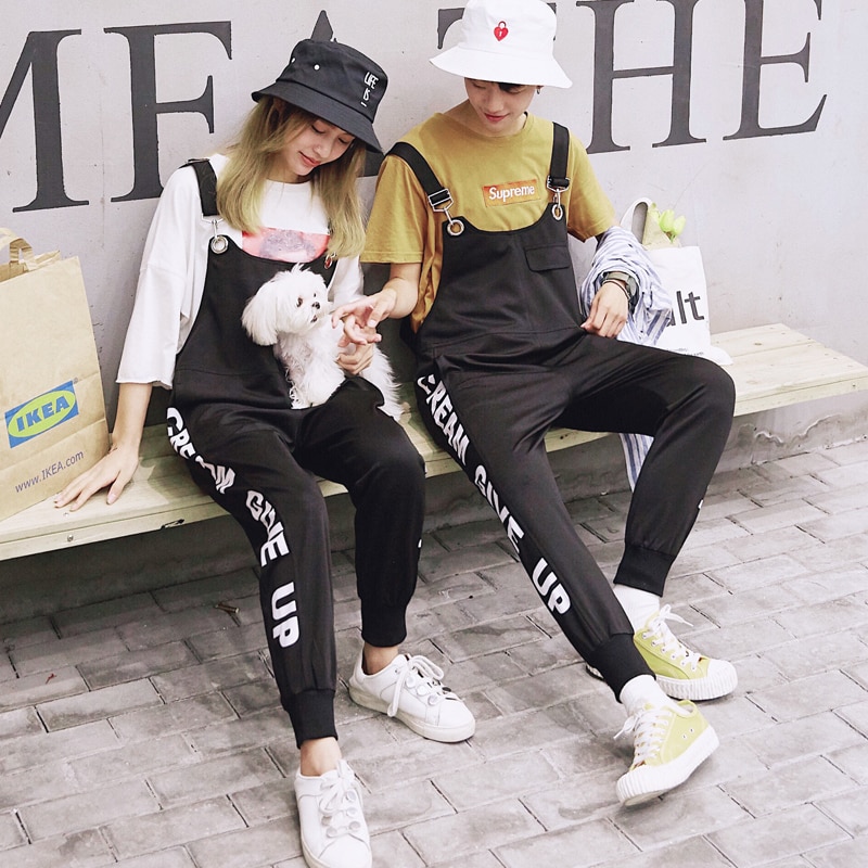 Couple Print Bib Overalls Harem Pants Denim Overalls Jeans Man Casual Black Denim Jumpsuits Jeans Man Ankle length